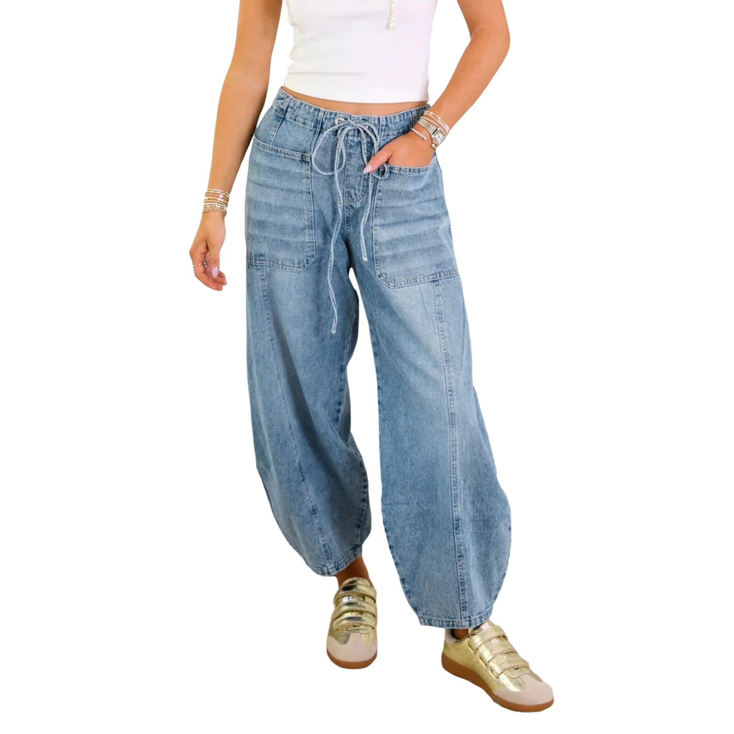 Women s High Waisted Denim Jeans Stretchy Elastic Waistband Tie-up Loose Fit Pants with Pockets Perfect for Everyday Street