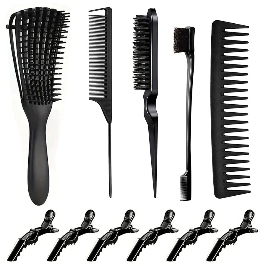 11 Pcs Hair Styling Kit for Women:Wide Tooth Comb, Detangler & Teasing Edge Brush, Rat Tail Comb, Alligator Clips for Curly Hair