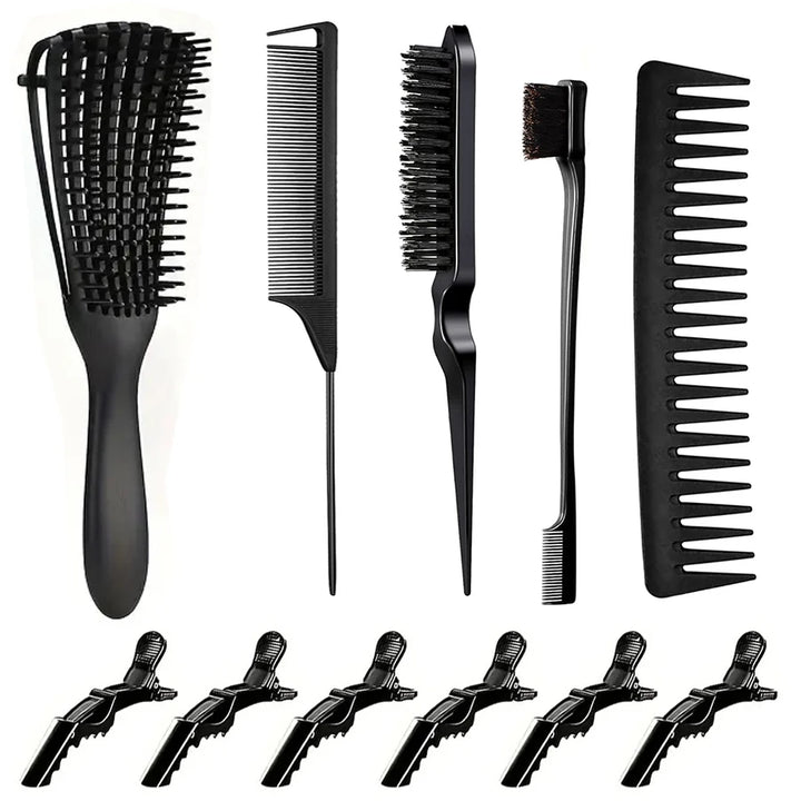 11 Pcs Hair Styling Kit for Women:Wide Tooth Comb, Detangler & Teasing Edge Brush, Rat Tail Comb, Alligator Clips for Curly Hair