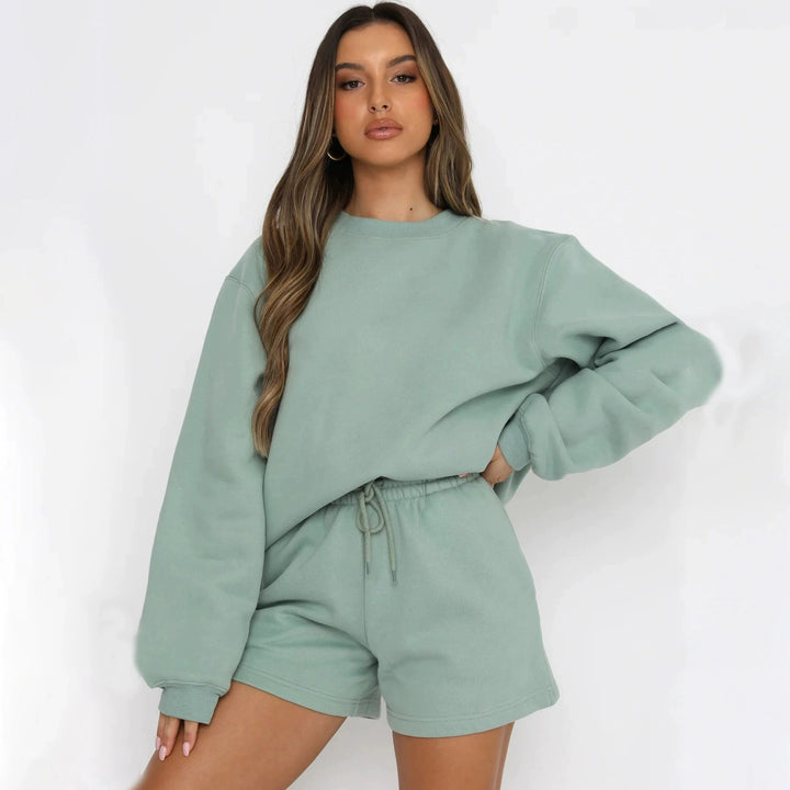 Casual Solid Color All-match Short Two Piece Set Women O Neck Long Sleeve Pullover Sweatshirt Shorts 2 Piece Sets Streetwear