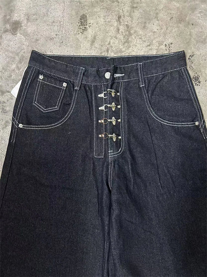 Women’s Metal Buckle Design Curved Wide-leg Jeans High Waist Straight Baggy Denim Pants Female Vintage Street Style Trouser