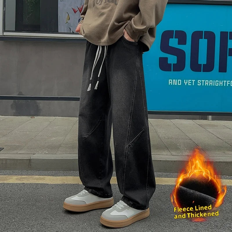 New Men's Fleece-Lined Wide-Leg Jeans Winter Vintage Washed Elastic Drawstring Waist Denim Trousers Men 8XL Loose Fit Jean Pants HALALZEN