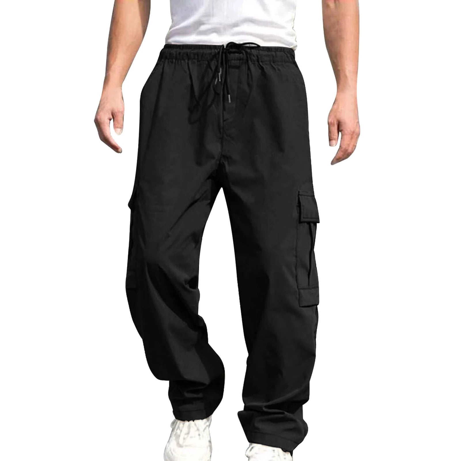 Men s Loose Cargo Long Pants Solid Color Drawstring Waist Straight Leg Trousers Casual Work Pants with Pockets