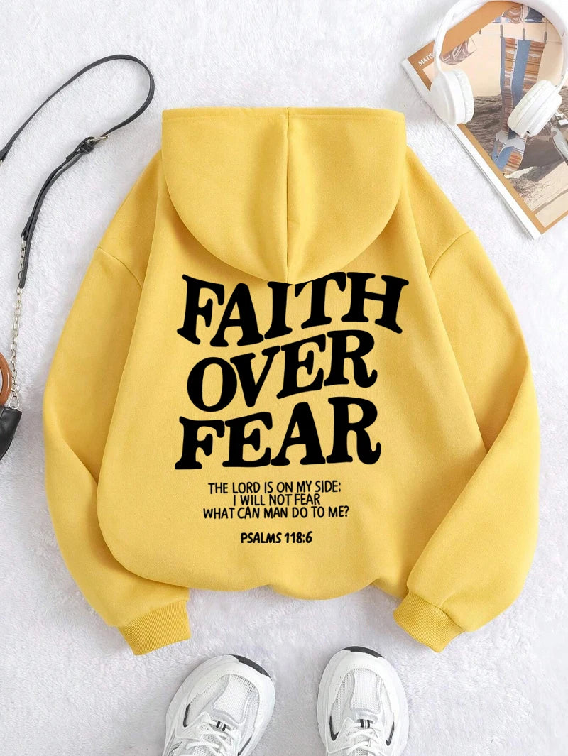 Casual Women's Hoodies Faith Over Fear Letter Printing Sweatshirts Fleece Warm Comfortable Pocket Pullovers Autumn Streetwear