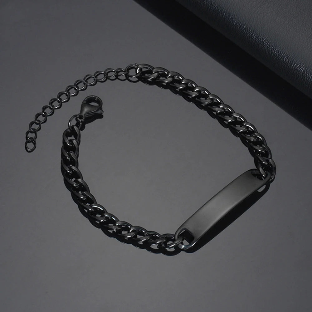 Custom Logo Name Engrave Bracelet Personalized Nameplate Stainless Steel Thick Hand Chain Custom Couple Men Women Jewelry Gift