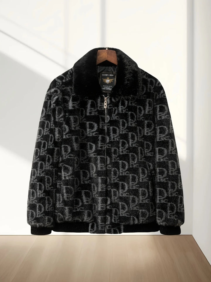 Winter Men's Lapel Imitation Fur Letter Print Warm Jacket