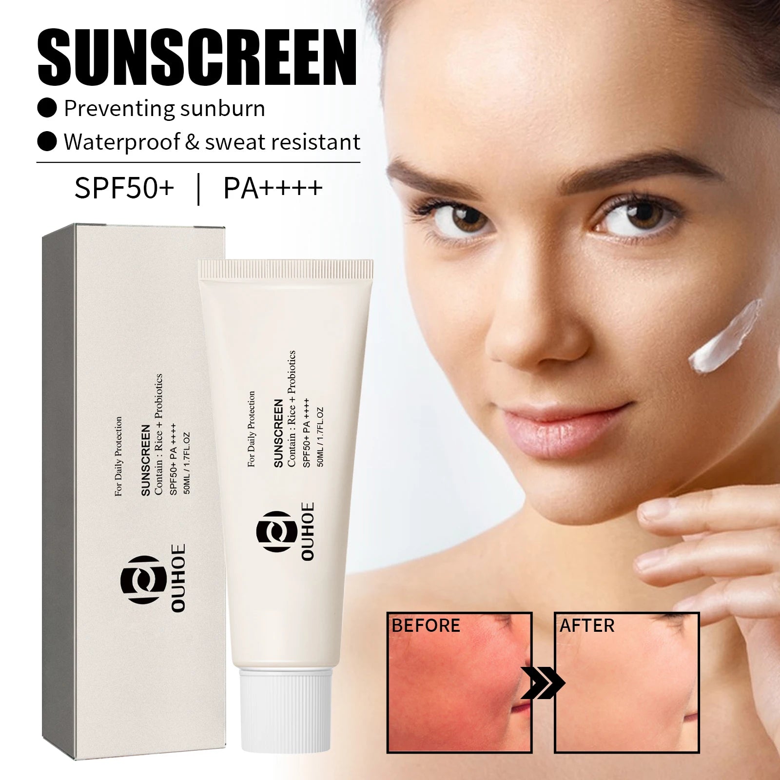 SPF 50 Face Sunscreen Non Lightweight Rice Probiotic Brightening Greasy UV Protection Moisturizing Cream for Sensitive Skin