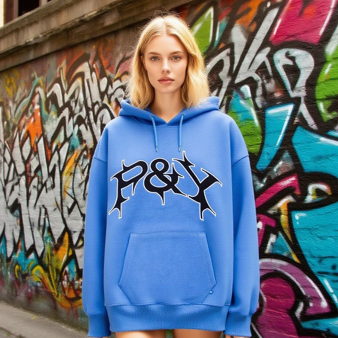 Retro American Y2K Hand-Painted Letter Contrast Print Hooded Sweatshirt Street Trend Loose Casual Couple Hoodie HALALZEN