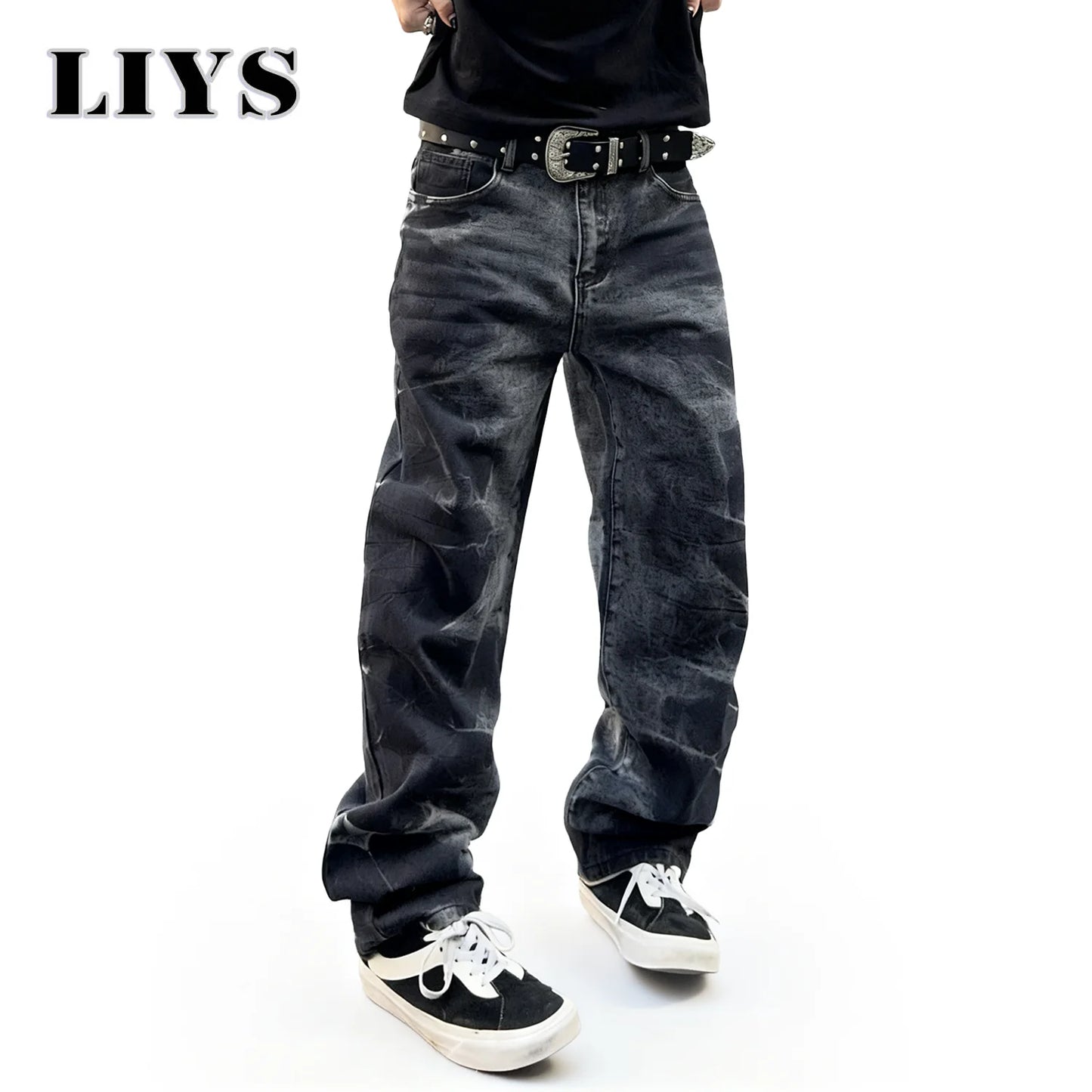Autumn Men's Black Personalized Straight Leg Retro Jeans American Street Splashed Ink Loose Unisex Denim Pants Trendy Trousers