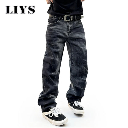 Autumn Men's Black Personalized Straight Leg Retro Jeans American Street Splashed Ink Loose Unisex Denim Pants Trendy Trousers