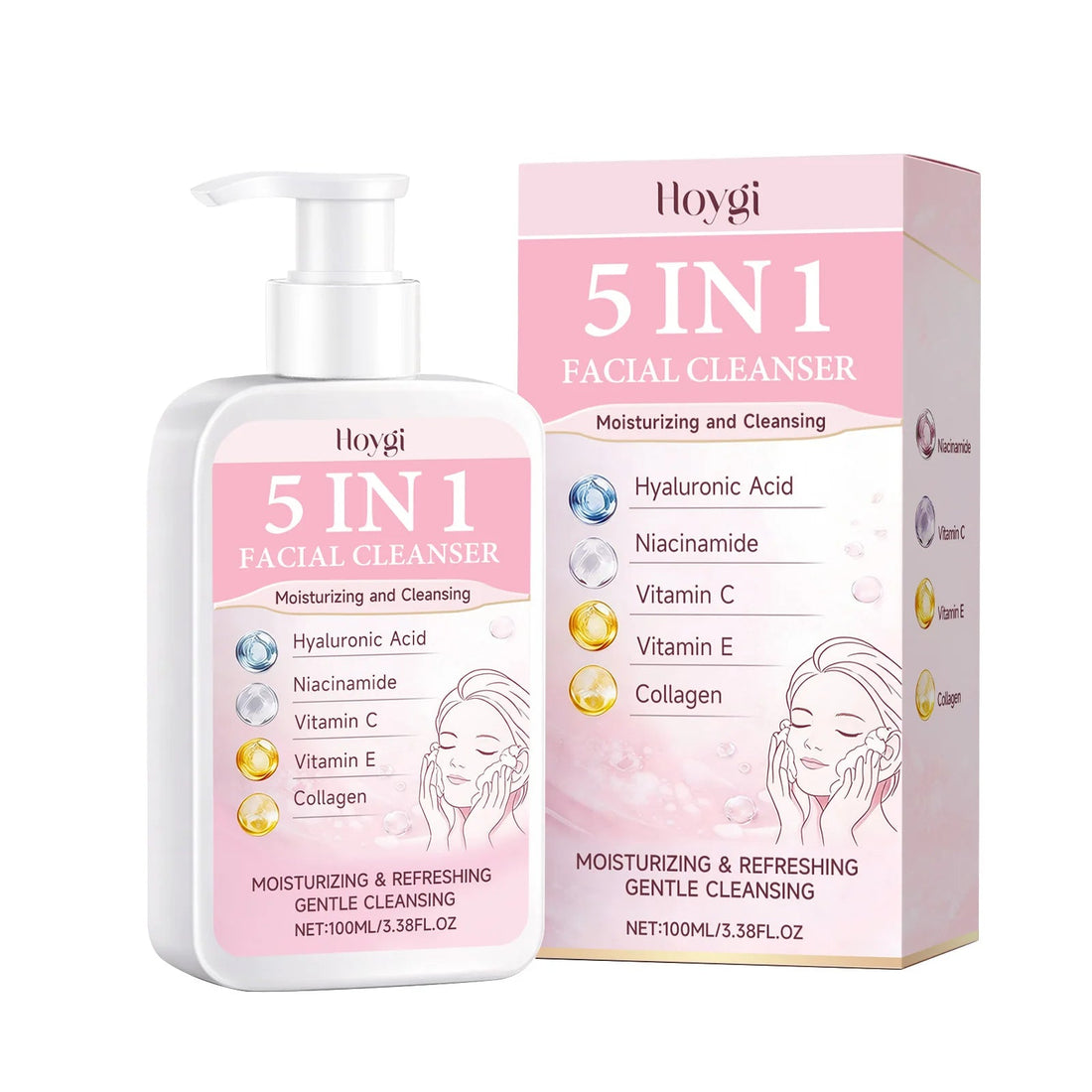 5-in-1 Moisturizing Cleanser - Rich Foam Light Texture Mild Non-Irritating Daily Gentle Hydrating Facial Cleansing Cream Halalzen