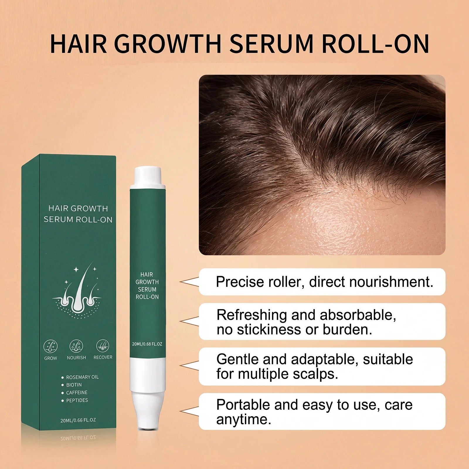 20ml Rosemary Oil Hair Growth Serum Roll-on Biotin Caffeine Peptides Scalp Massager Anti Hair Loss Thinning Treatment Spray