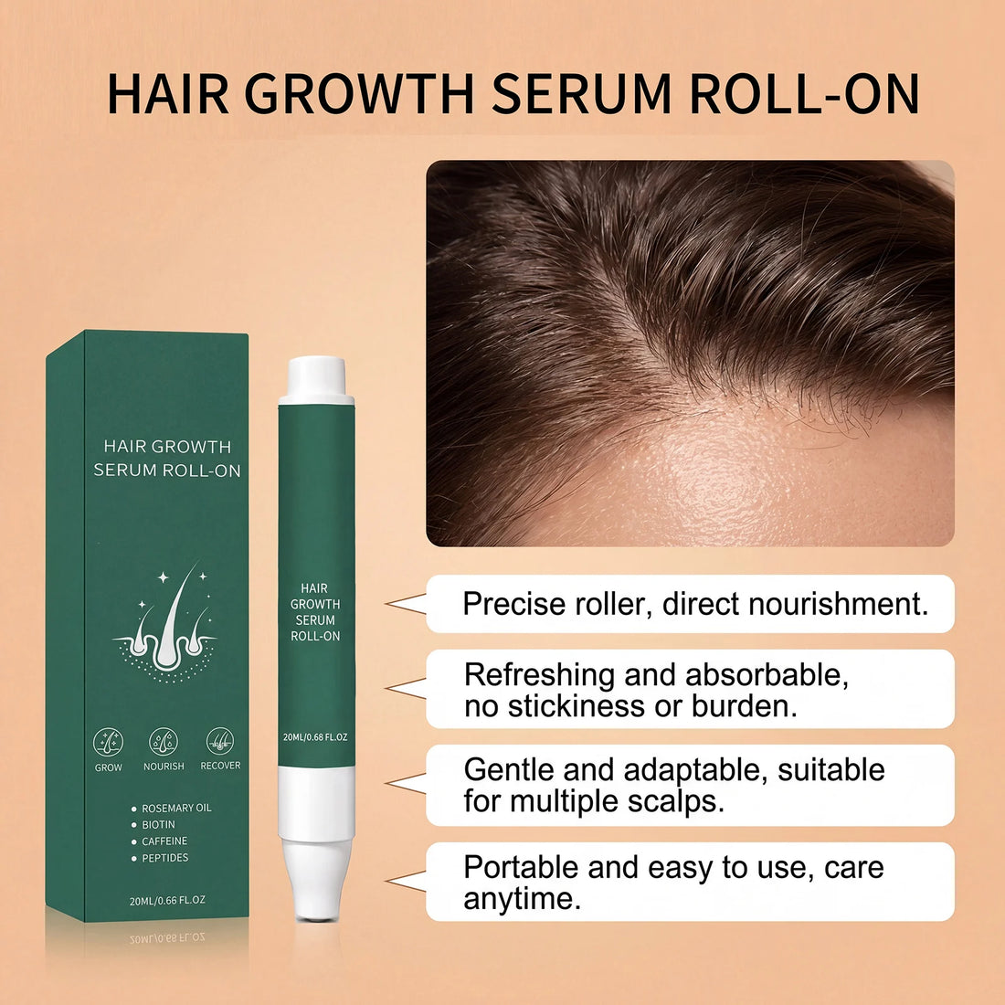 20ml Rosemary Oil Hair Growth Serum Roll-on Biotin Caffeine Peptides Scalp Massager Anti Hair Loss Thinning Treatment Spray