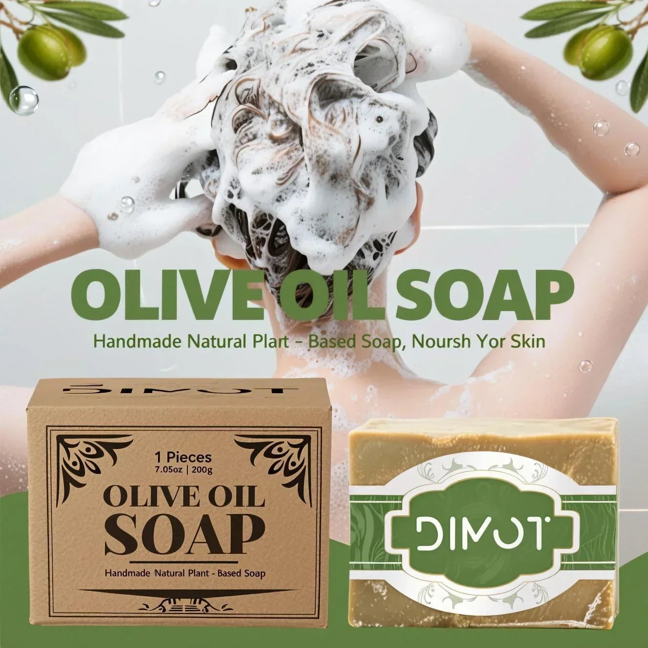Handmade Olive Oil Cleansing Bar 200g - For Sensitive Skin, Gently Cleanses Face, Body & Hair While Providing Light Moisture. Halalzen