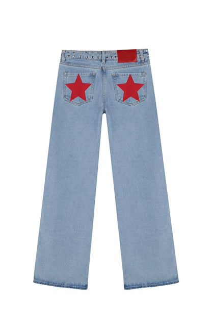 90S ONE DILEMMA Five-Pointed Star Print High Waited Jeans Street Harajuku Baggy Jeans Women Clothing Casual Straight Denim Pants