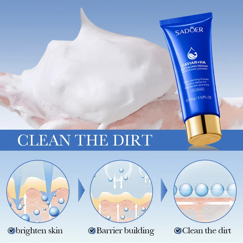 SADOER Caviar Facial Cleanser Face Wash Foam Face Cleanser Deep Cleansing Whitening Anti Wrinkle Moisturizing Skin Care Halalzen