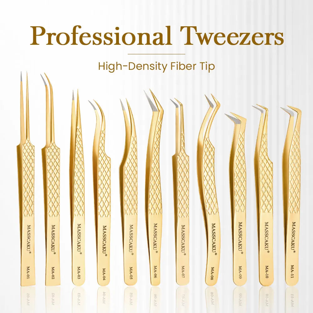 MASSCAKU Eyelash Extension Tweezers Fiber Tip Gold Stainless Steel Lash Pickup Tool for Volume Fans Classic Lash Isolation