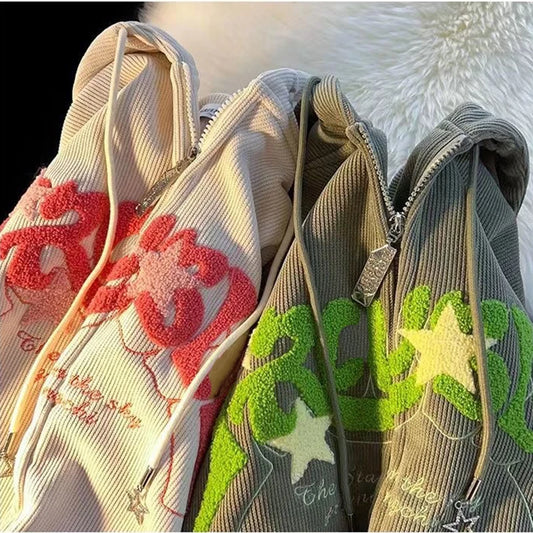 Plus Size XL-3XL Corduroy Embroidery Loose Hoodies Women Sprring Autumn Long Sleeve Zipper Hood Shirt Harajuku Y2K Sweatshirt