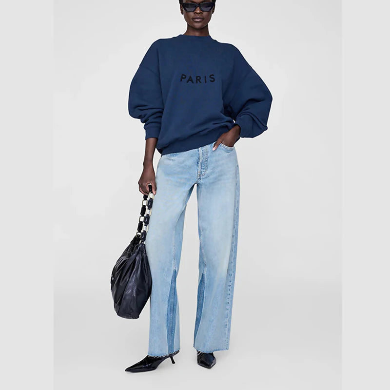 Autumn and winter new North American niche AB front felt patch embroidered fleece women's plus fleece round neck sweatshirt