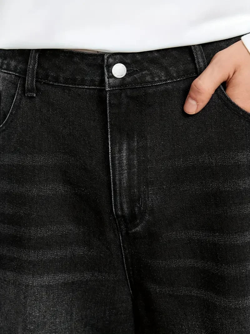 Men'S Loose Fit Black Denim Wide Leg Jeans with Raw Wash Detail - Comfortable, Versatile All-Season Wear, Casual Denim Jeans| fl