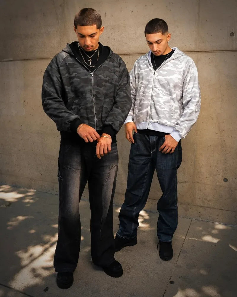 American fashion Gothic camouflage clothing oversized hooded men's Y2K street hip-hop Harajuku loose zipper sweatshirt