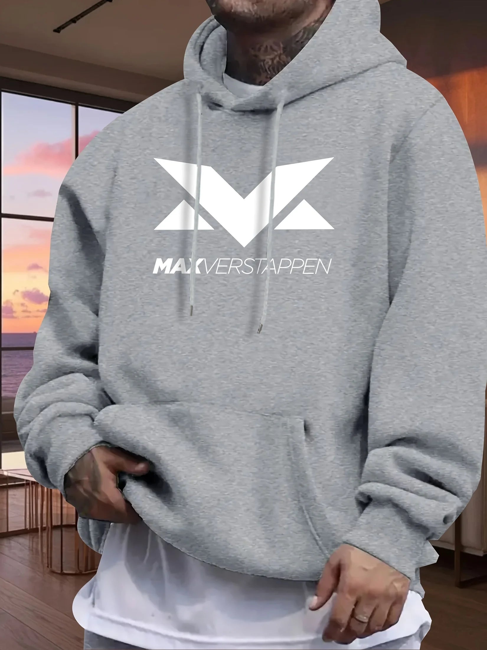 Men'S Red Max Verstappen Racing Graphic Hoodie - Casual Front Print Pullover with White Logo, Long Sleeves, and Kangaroo Pocket