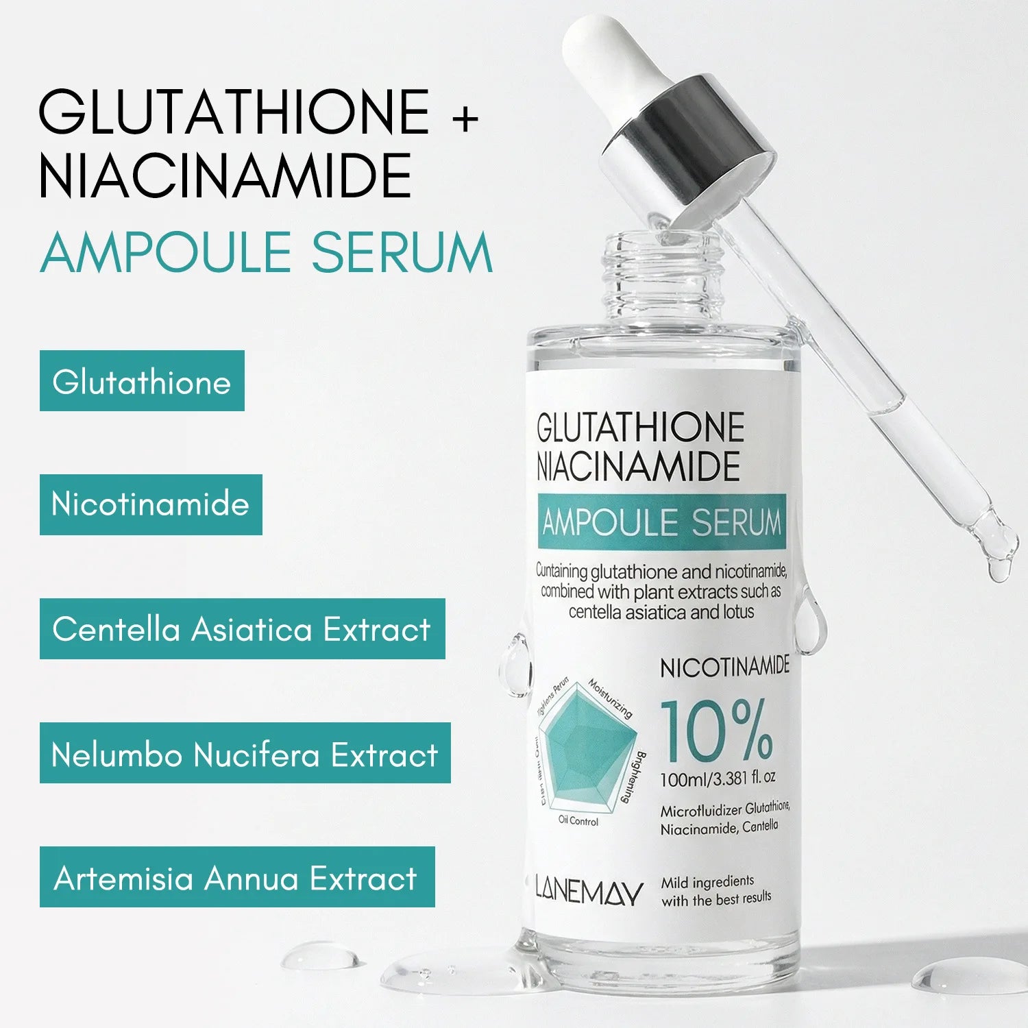Glutathione & 10% Niacinamide Ampoule Serum with Centella Asiatica– Micro-Active Brightening Formula to Even Skin Tone.