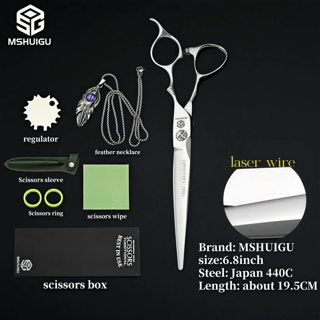 MSHUIGU 440C Professional Barber Scissors 6-7 Inch Laser Wire Serrated Blade Multi-Functional Thinning Hair Shears for Salon Too