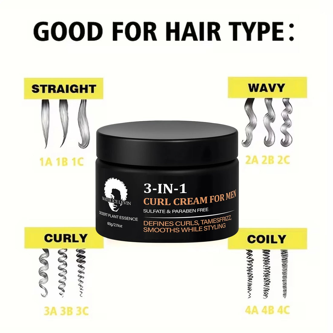 3-IN-1 Men’s Curl Cream: Sulfate/Paraben-Free, Desert Plant Essence, Defines Curls, Tames Frizz & Smooths While Styling Halalzen