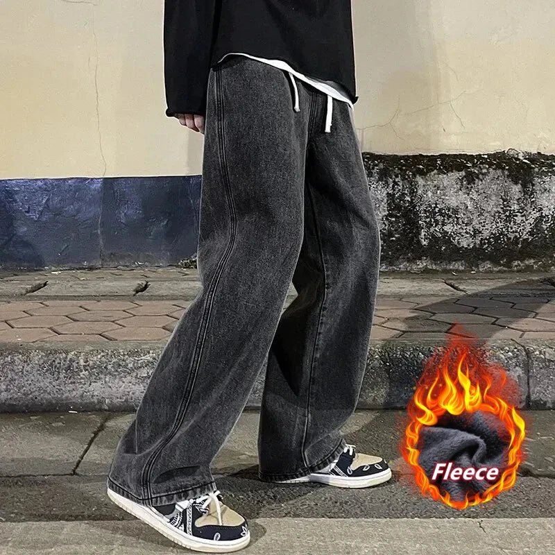 Winter Fleece Loose Jeans,  Loose Straight Velvet Warm and Comfortable Elastic Waist Wide Leg Pants Brand Men's Clothing