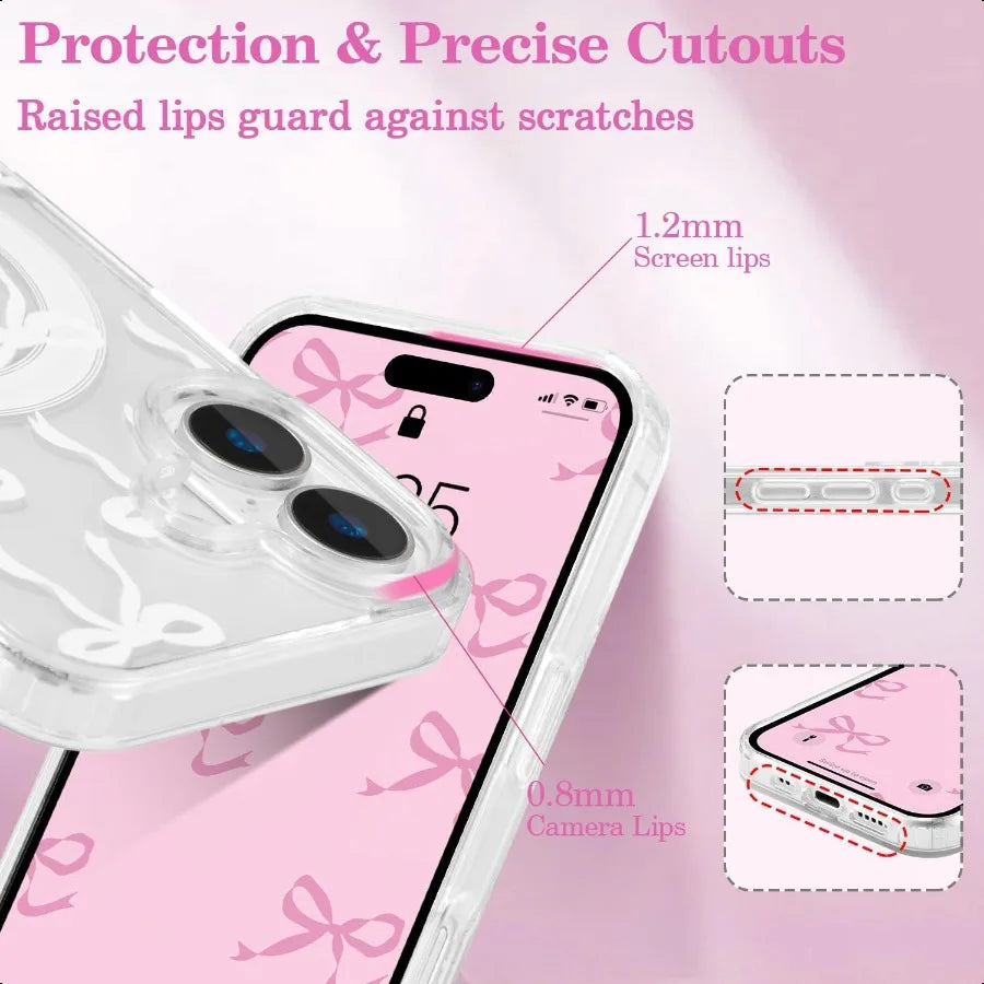 UEEBAI Magnetic for iPhone 16 Case Bow Case Compatible with MagSafe Wirel Slim Clear Ribbon Aesthetic Phone Cover AntiYellowing