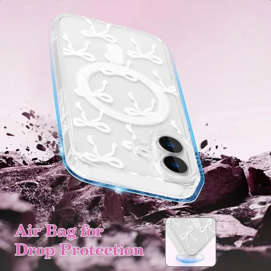 UEEBAI Magnetic for iPhone 16 Case Bow Case Compatible with MagSafe Wirel Slim Clear Ribbon Aesthetic Phone Cover AntiYellowing
