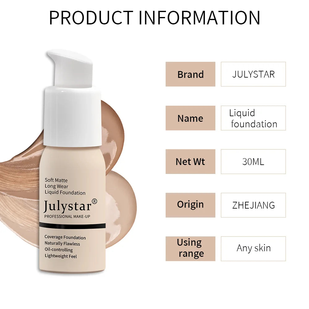 10 Colors Matte Liquid Foundation, Waterproof Long‑lasting Lightweight Oil Control Concealer Facial Base Makeup