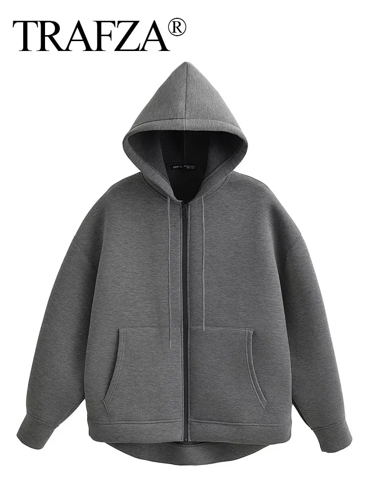 TRAFZA 2025 Casual Women's Soild Zipper Hoodie Long Sleeve Big Pocket Zipper Jacket With Hood Female Loose Outerwear Coat Tops