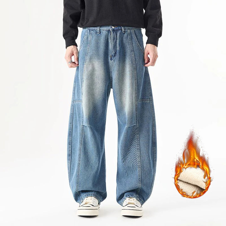 Herren-Fleece-Jeans, dick, geschwungen, mit Messerschnitt, amerikanischer Retro-Stil, lockere, weite Jeans, Vintage-Casual-Design