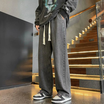 Men Fashion Korean Version Student Casual Jeans Men High Street Straight Leg Pants elastic waistband Vintage Wide Leg Trousers