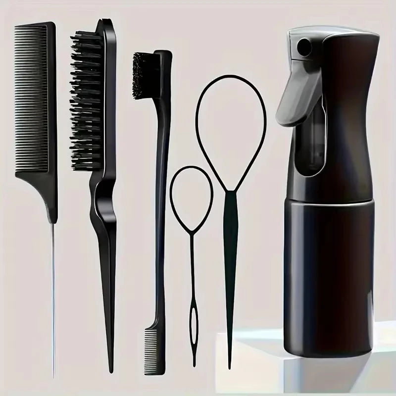 6pcs/Set Professional Hairdressing Hair Brush Set with Spray Bottle Rat Tail Comb Teasing Brush Edge Control for Styling