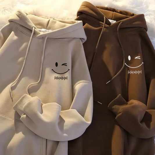 Men's Smiling Face Funny Fashion Couple Hooded Sweater American Heavyweight Loose Thickened Cashmere Boys' Hoodie Pullover Top