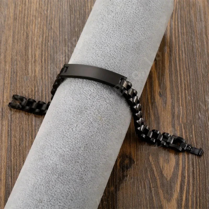 Custom Logo Name Engrave Bracelet Personalized Nameplate Stainless Steel Thick Hand Chain Custom Couple Men Women Jewelry Gift