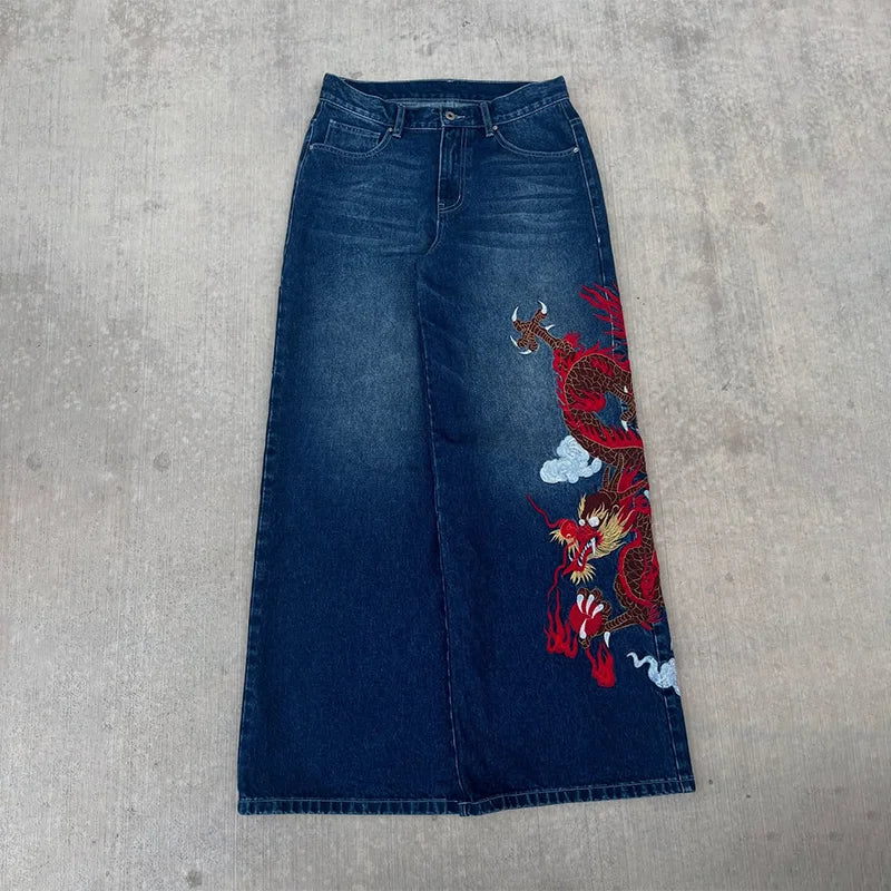 Dragon Graffiti Embroidery Dark Blue Loose Wide Leg Distressed Jeans Y2K High Waist Men Women Vintage Casual Daily Streetwear