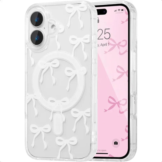 UEEBAI Magnetic for iPhone 16 Case Bow Case Compatible with MagSafe Wirel Slim Clear Ribbon Aesthetic Phone Cover AntiYellowing
