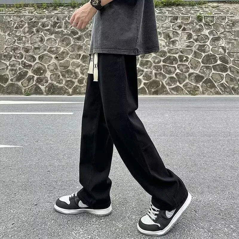 Men Fashion Korean Version Student Casual Jeans Men High Street Straight Leg Pants elastic waistband Vintage Wide Leg Trousers