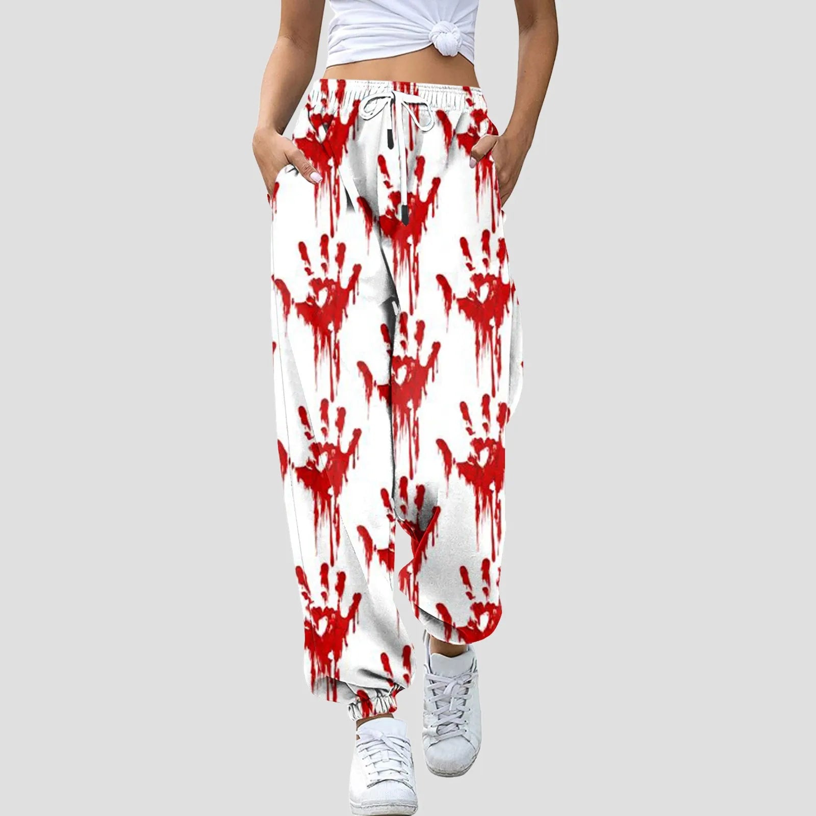 Women Halloween Blood Print Pants Bottom Sweatpants Drawstring Pockets High Waist Sporty Gym Athletic Fit Jogger Pants Trousers