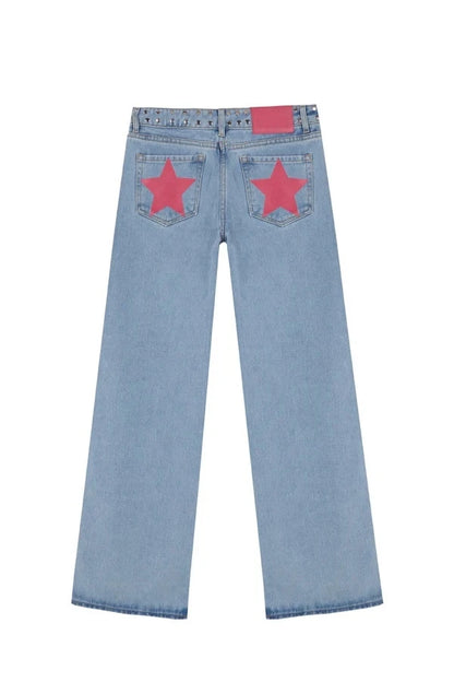 ONE DILEMMA Blue Five-Pointed Star High Waited Jeans Y2K Street Harajuku Baggy Jeans Women Clothing Casual Straight Denim Pants