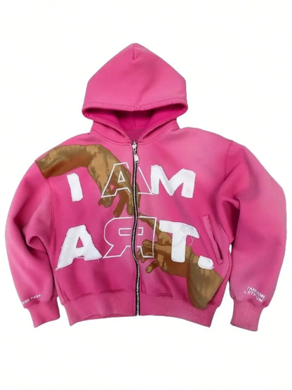 Y2K Fall Jackets for Women Oversize Letter Pattern Zip Up Hoodie Street Hip-hop Style Red Casual Jacket Unisex