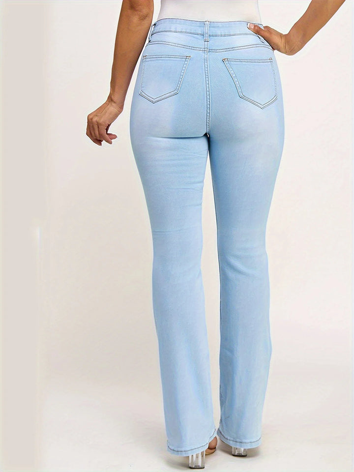 Solid color stretch women's jeans, slimming and hip lifting, light blue casual wash denim, five buttons, slash pockets