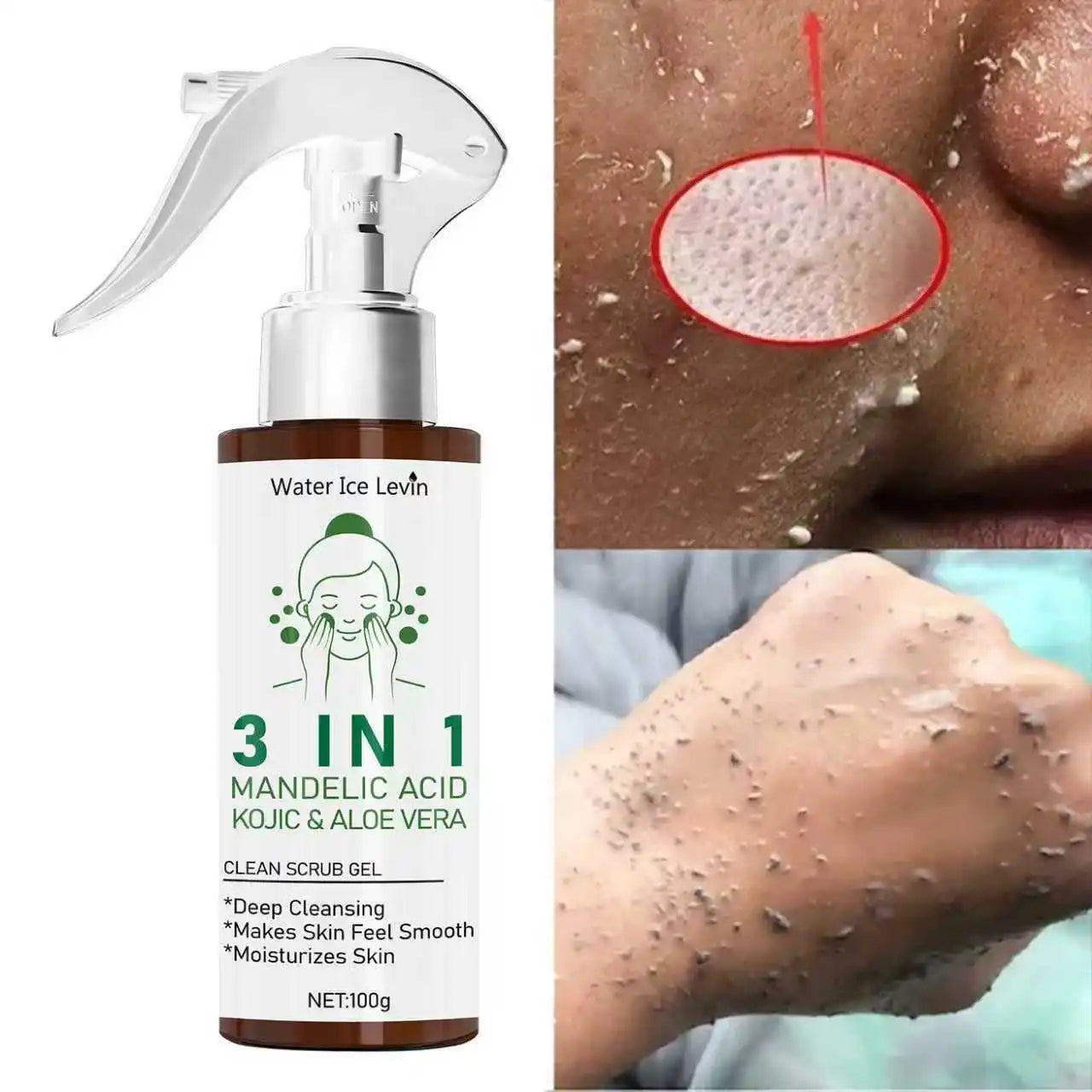 Water Ice Levin 3-in-1 Clean Scrub Gel with Mandelic Acid, Kojic,Aloe Vera, Replenishes Moisture, Deep Cleanses for Smooth Skin Halalzen