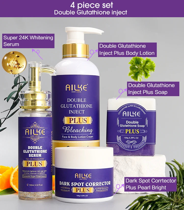 AILKE Glutathione PLUS Whitening Skin Care Set, Moisturizing, Even Skin Tone, Improve Dark, Black Skin, Reduce Spots, Freckle Halalzen