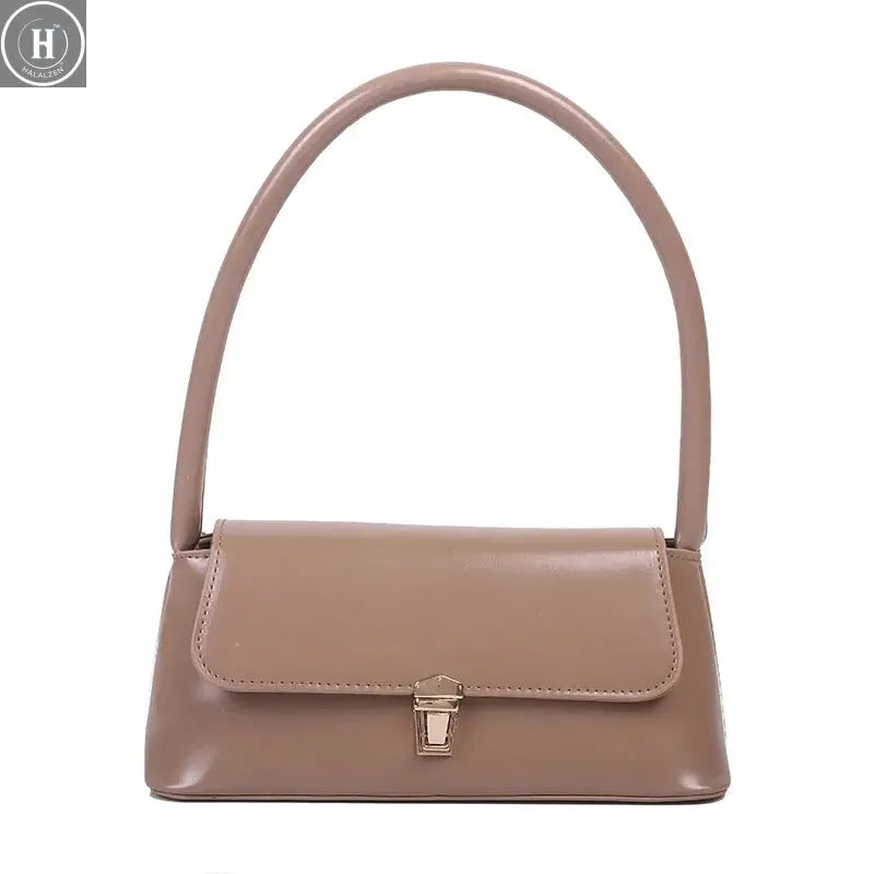Solid Color Flip Lock Pu Leather Handbag Women Shoulder Bag, Versatile Underarm Bag, Autumn Winter Baguette Bag, Retro Tote Bag HALALZEN