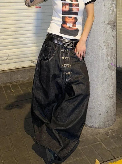 Women’s Metal Buckle Design Curved Wide-leg Jeans High Waist Straight Baggy Denim Pants Female Vintage Street Style Trouser